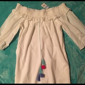 J McLaughlin white dress with pompom tassels